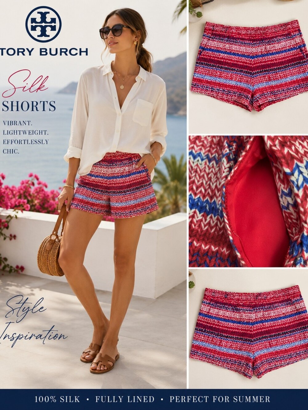 Tory Burch 100% Silk Knit Print Lined Shorts Size 10 Red Blue White